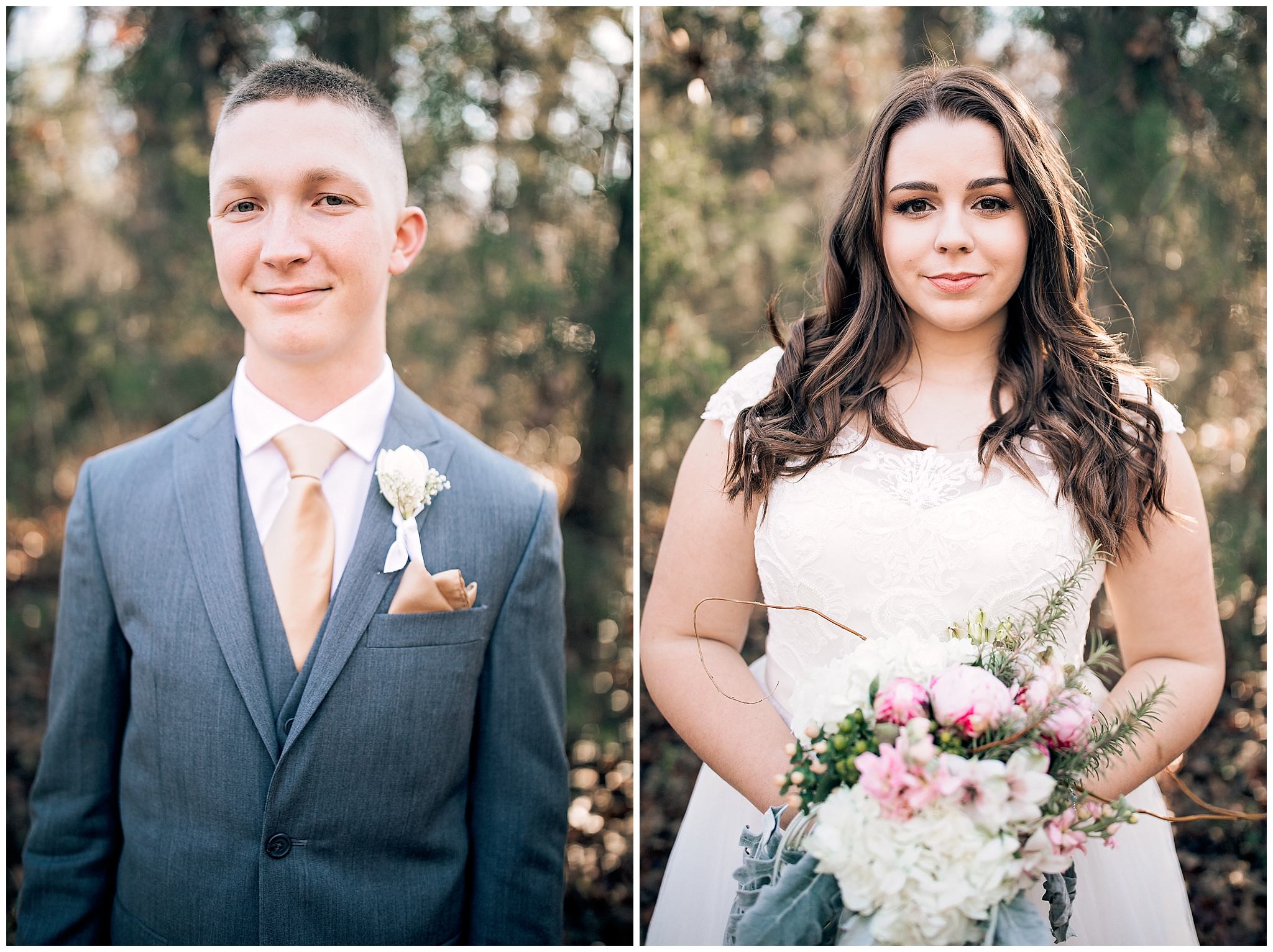 Bride and Groom smiling at the camera for their wedding pictures