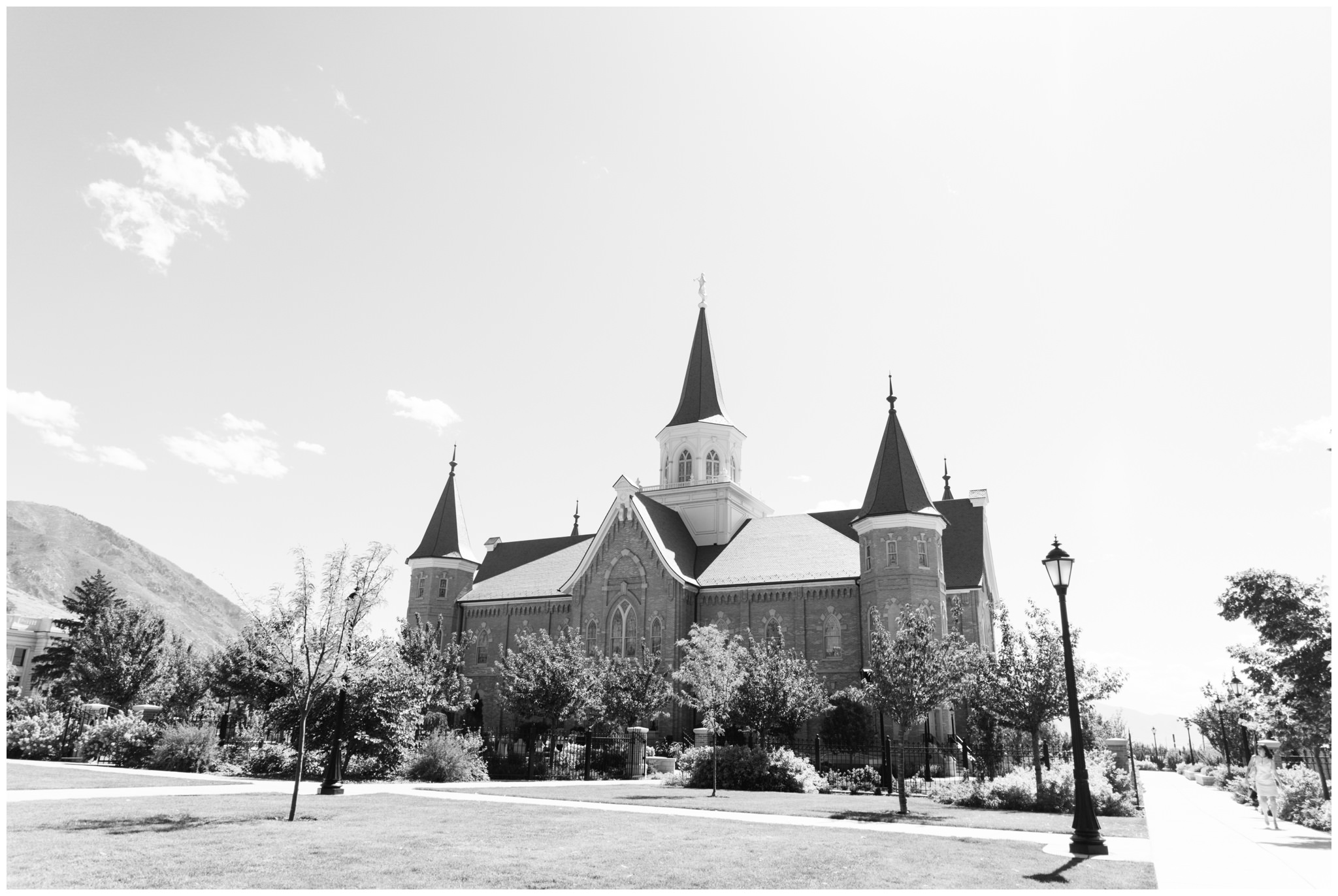 Black and white picture of the Provo City Center Temple in Provo, Utah