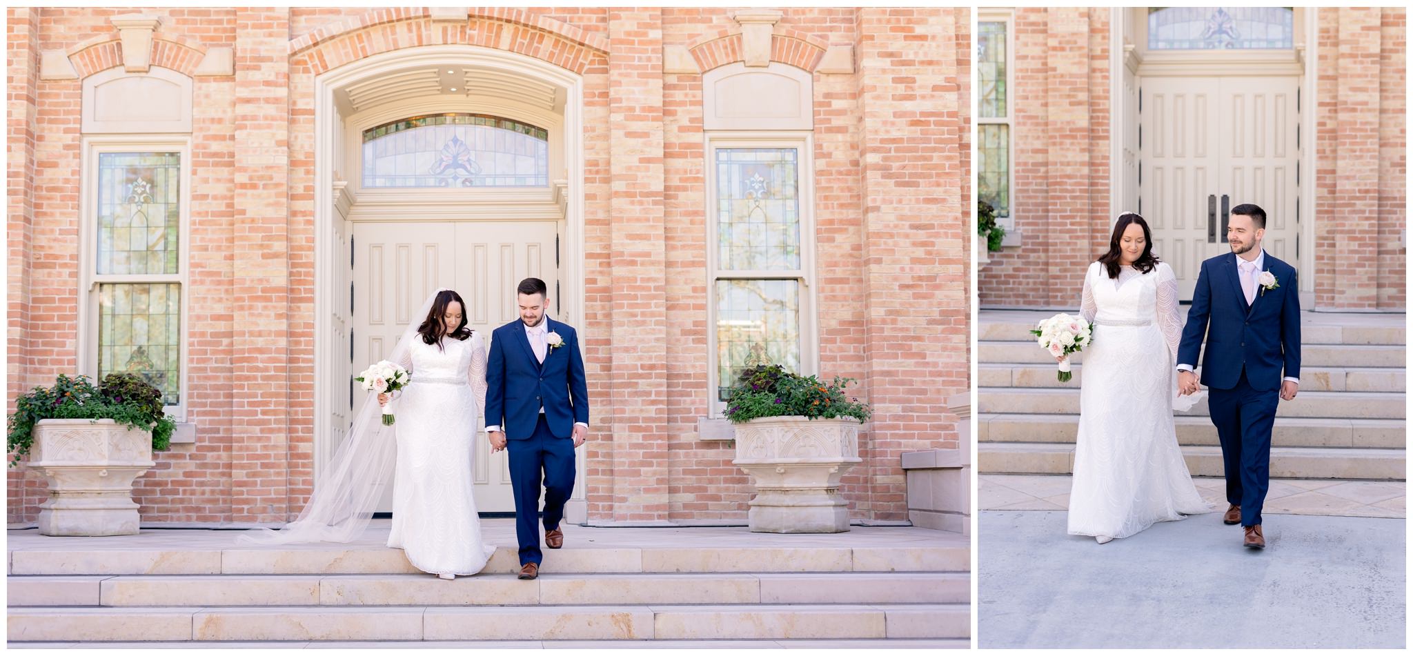 Bride and groom walking at the Provo City Center Temple