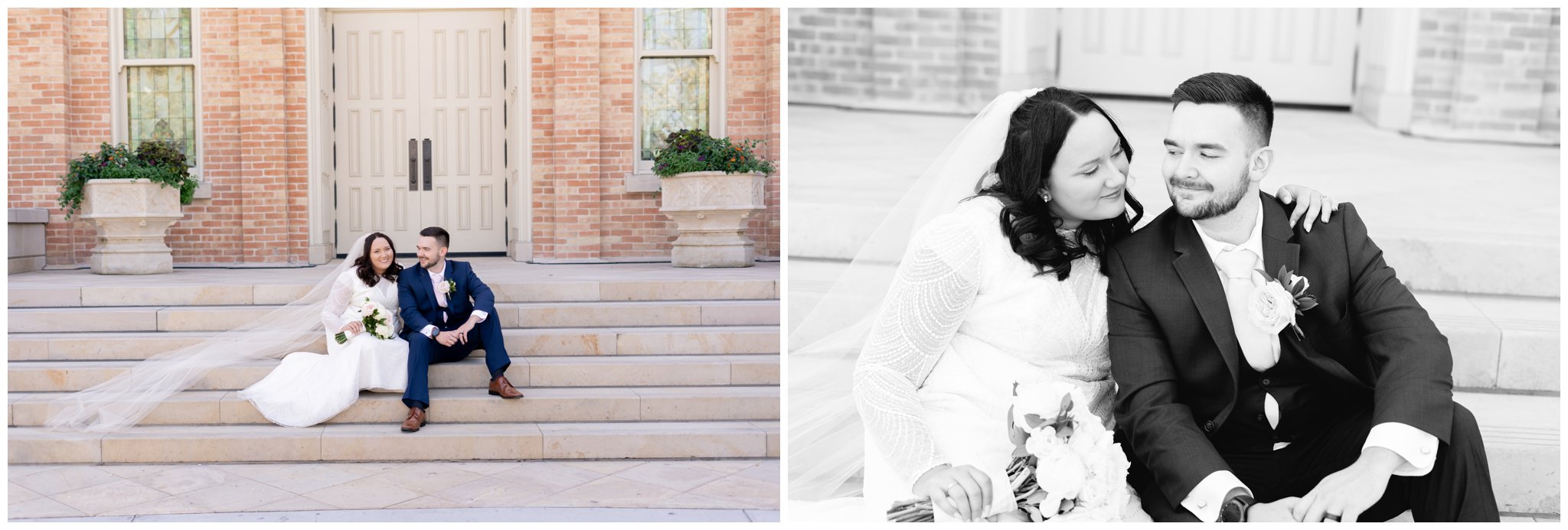 Bride and Groom sitting on stairs at the lds temple