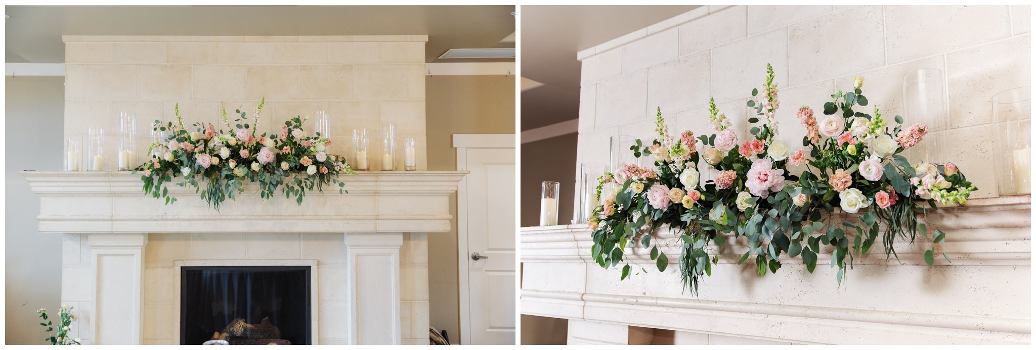 Florals over fireplace | Sleepy Ridge Wedding | Garden Room