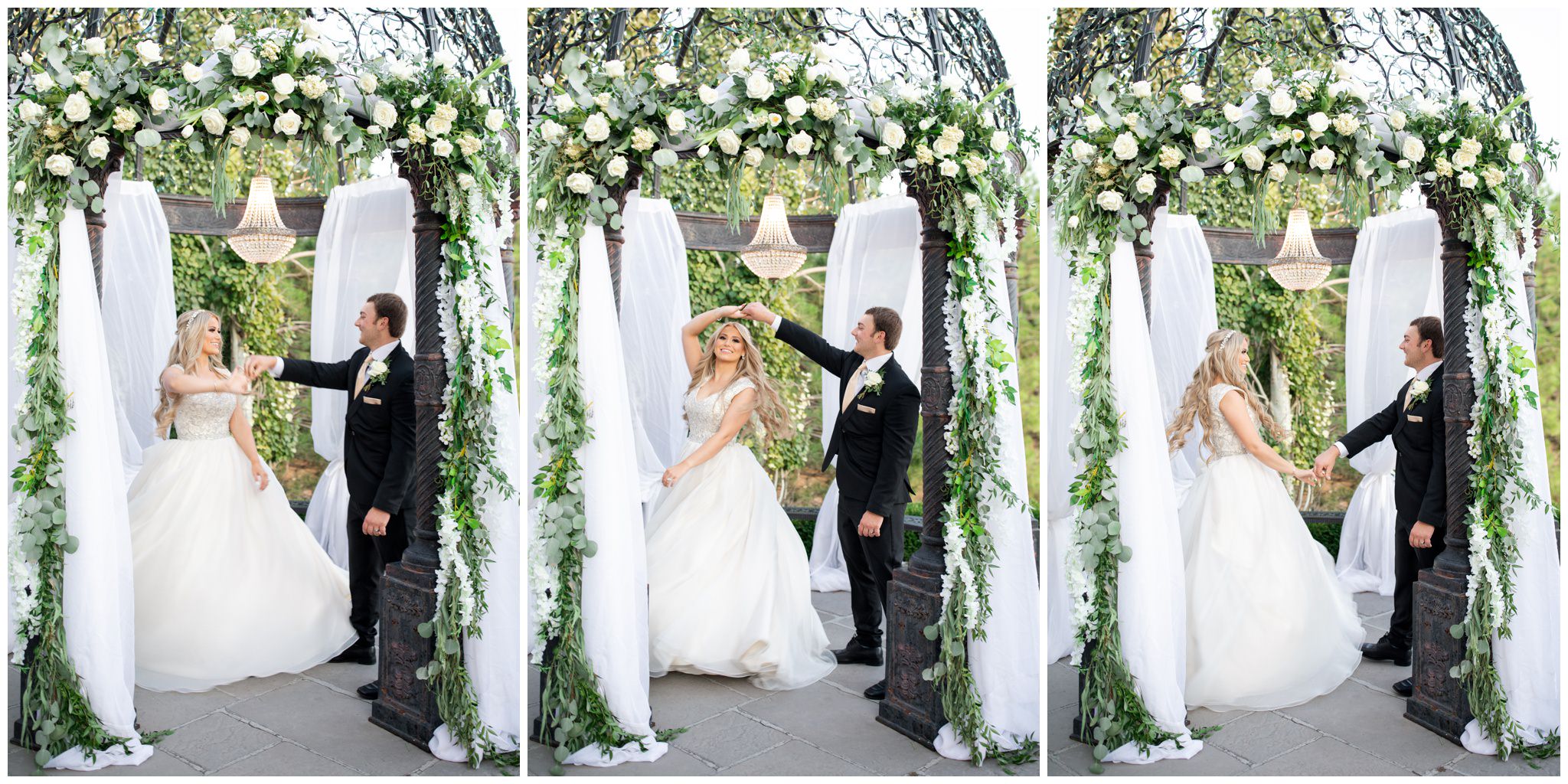 Bride and groom twirling under the gazebo at sleepy ridge