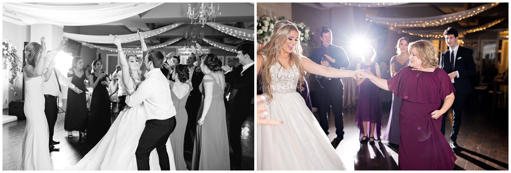 Wedding guest dancing with bride and groom at Utah wedding
