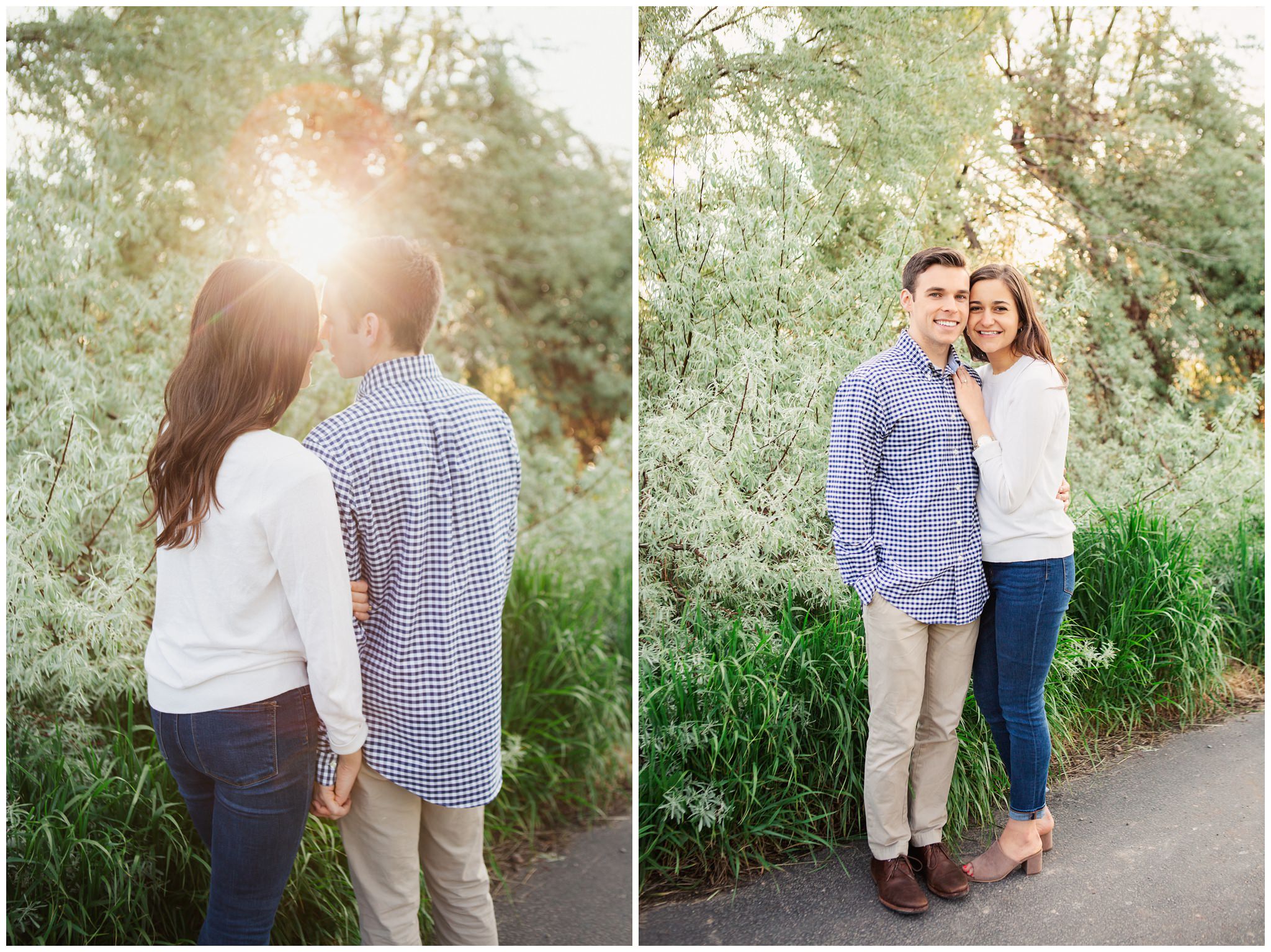 Engagement photos with the groom wearing a blue shirt and the bride wearing a white shirt