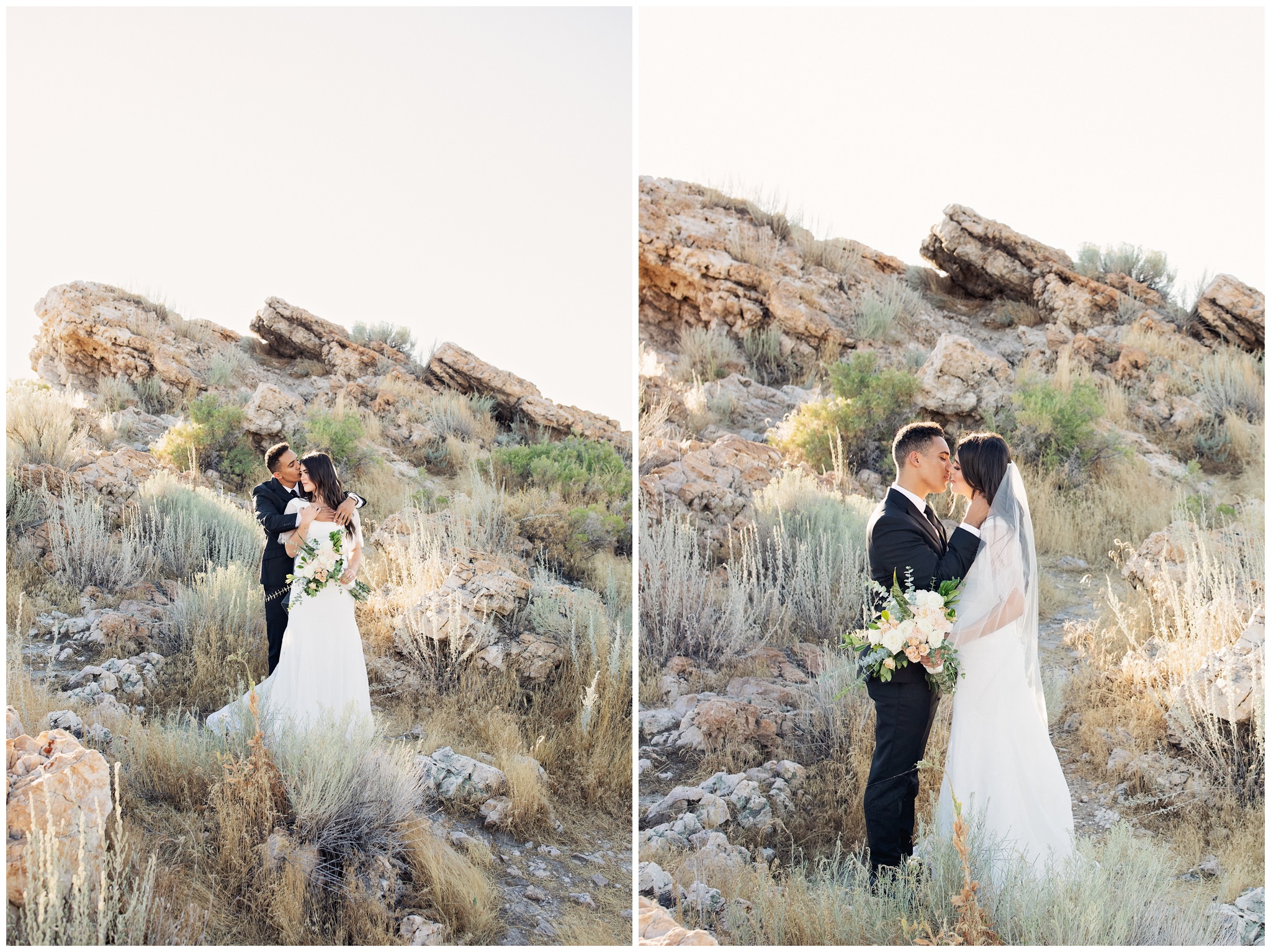 Bride and groom pictures of them kissing near rocks at Antelope Island