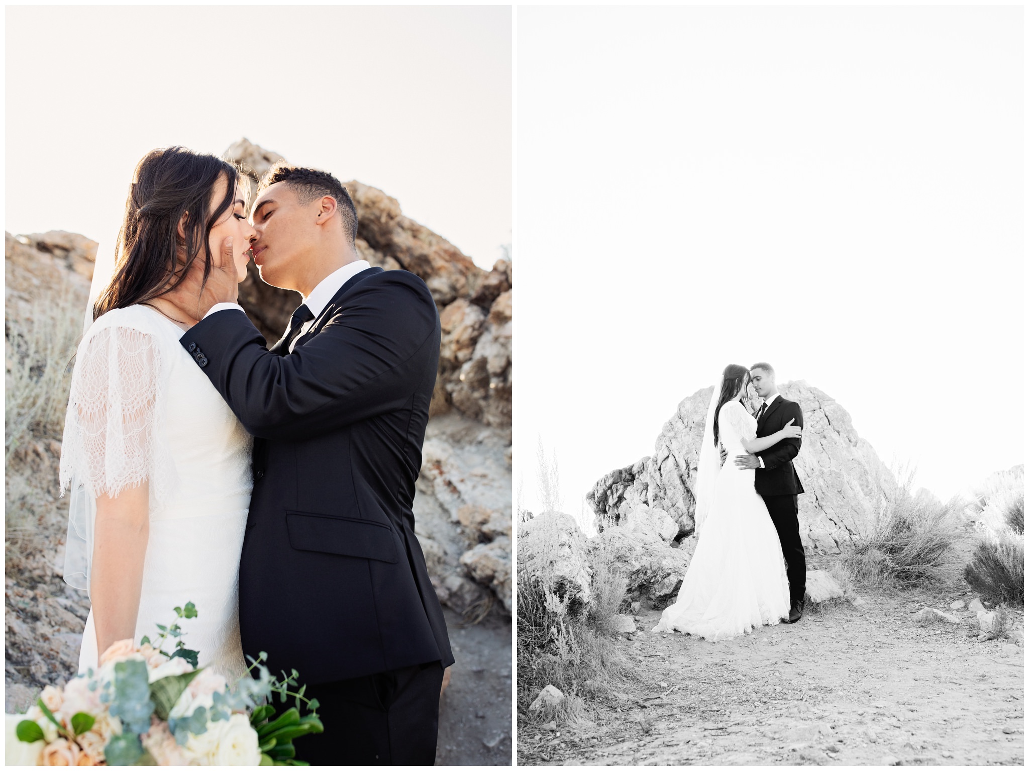 Bride and groom pictures at Ladyfinger Point at Antelope Island, Utah.