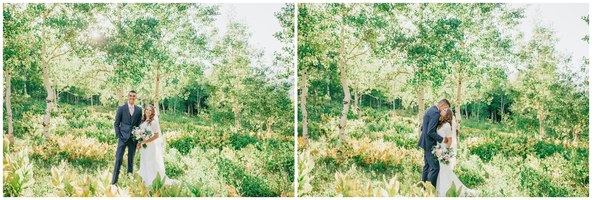 Bride and groom kissing in the green mountains