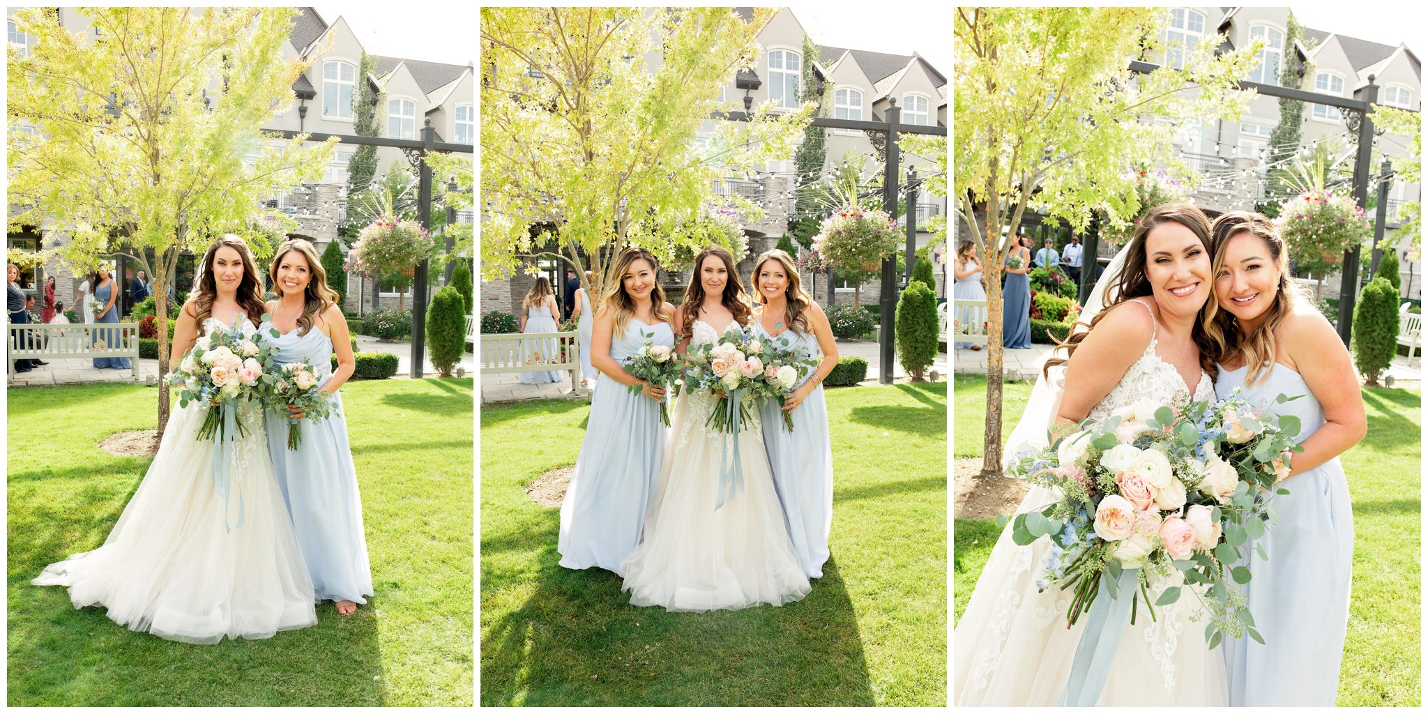 Bride with her bridesmaids who are wearing blue dresses