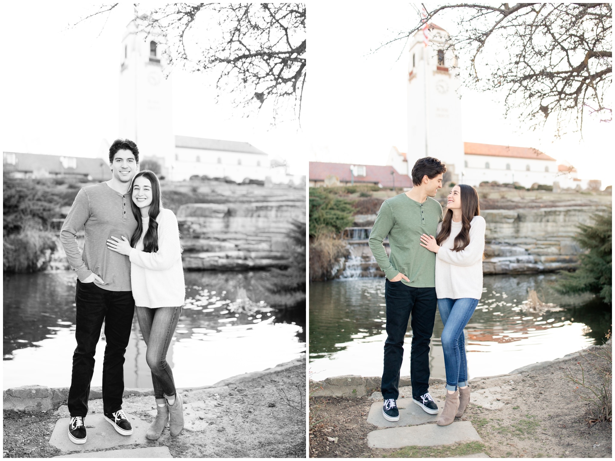 Couple smiling near waterfall at the Boise Train Depot