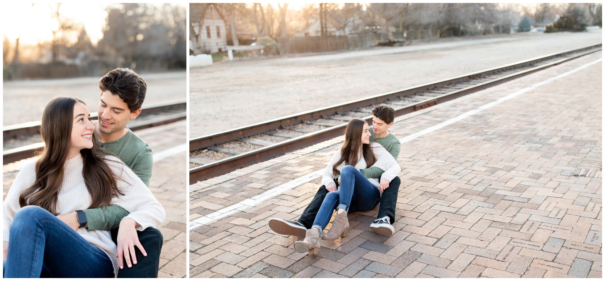 Couple sitting at the boise train depot for their engagement session.