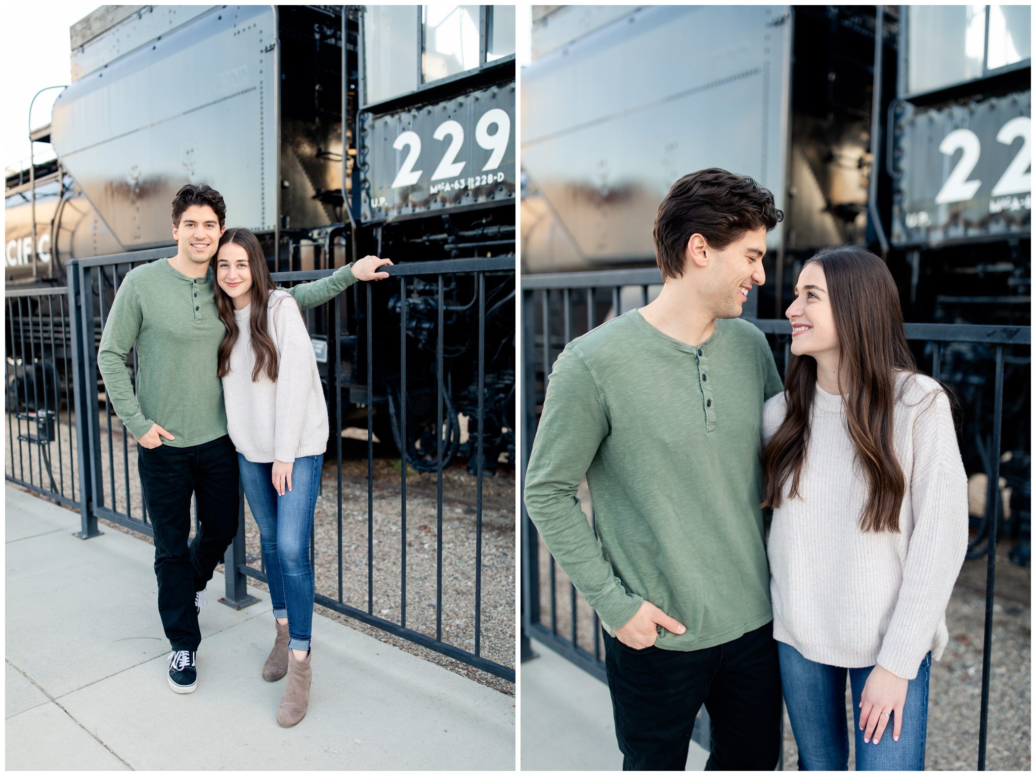 Couple smiling for their engagement photos at the Train depot in Boise