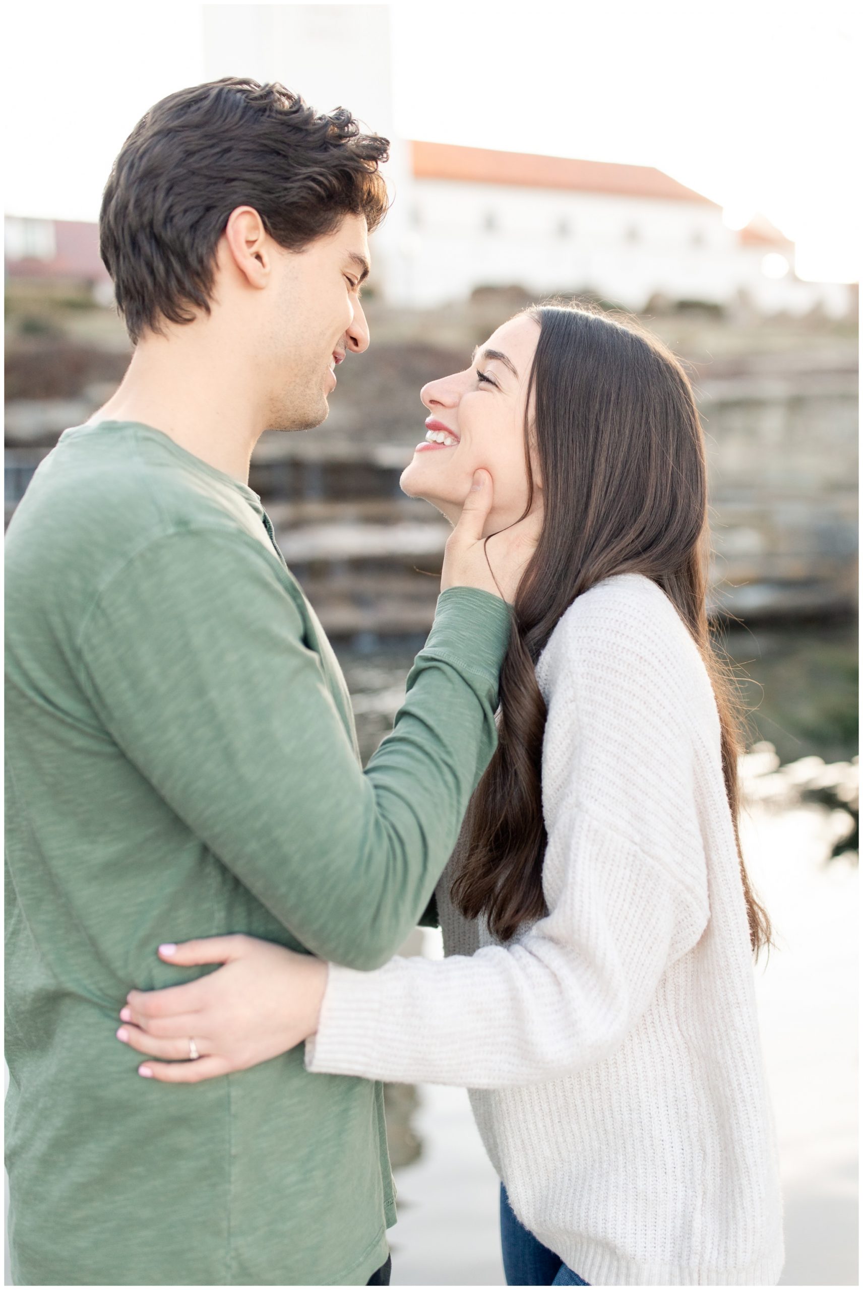 Engagement pictures near the waterfall at the Train depot in Boise