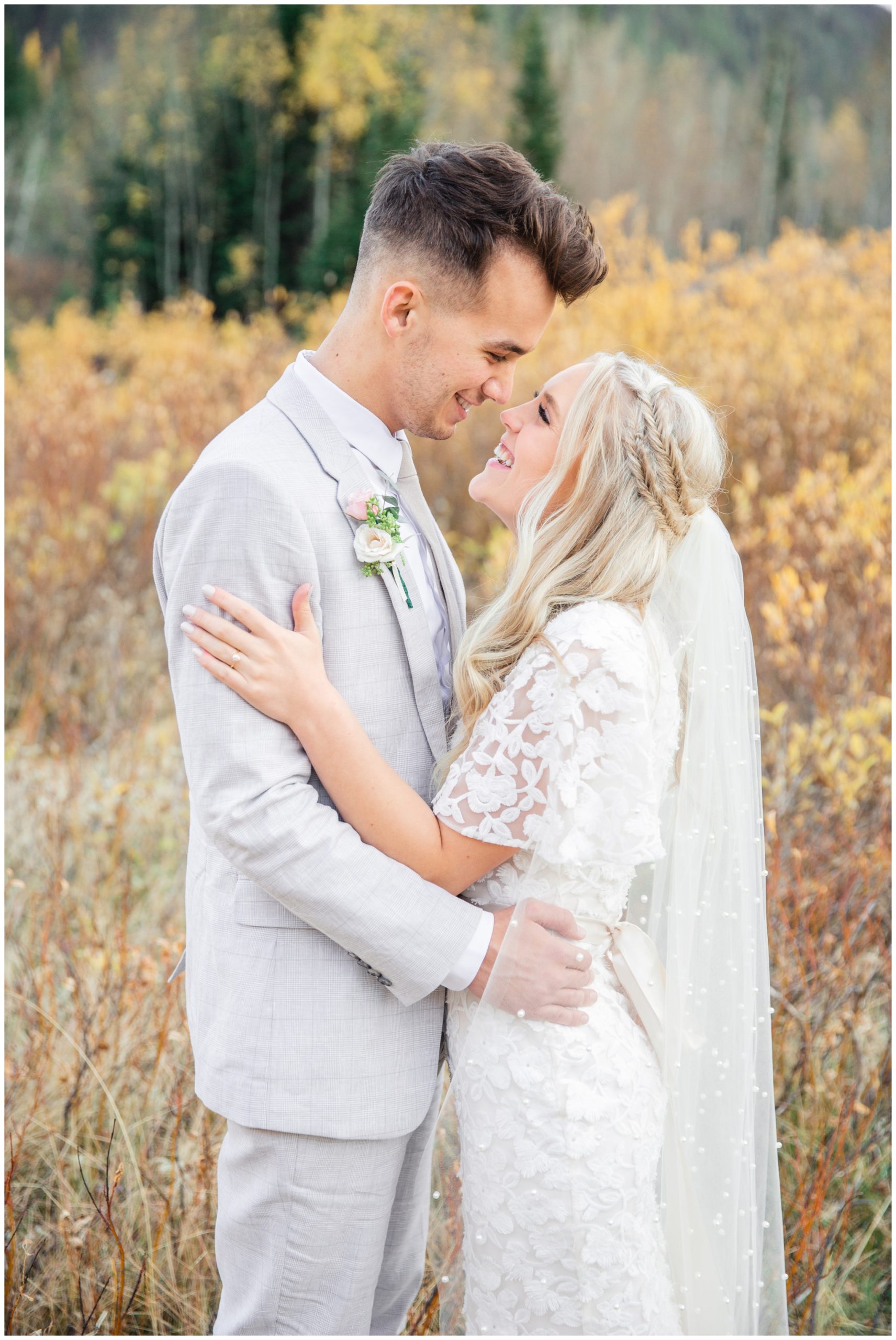 Bride and groom looking at each other at Jordan Pines Campground