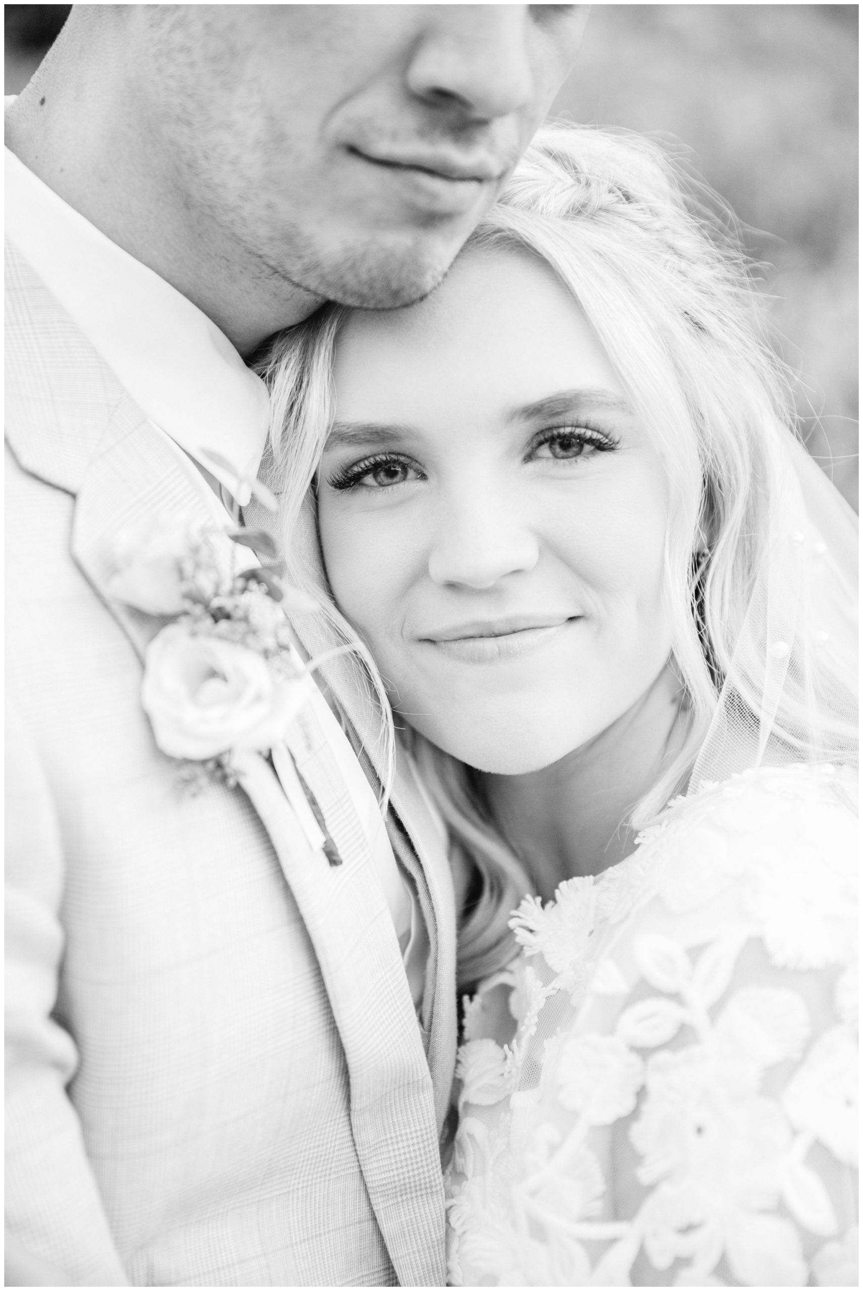 Close up of bride and groom at Jordan Pines Campground in Utah Mountains