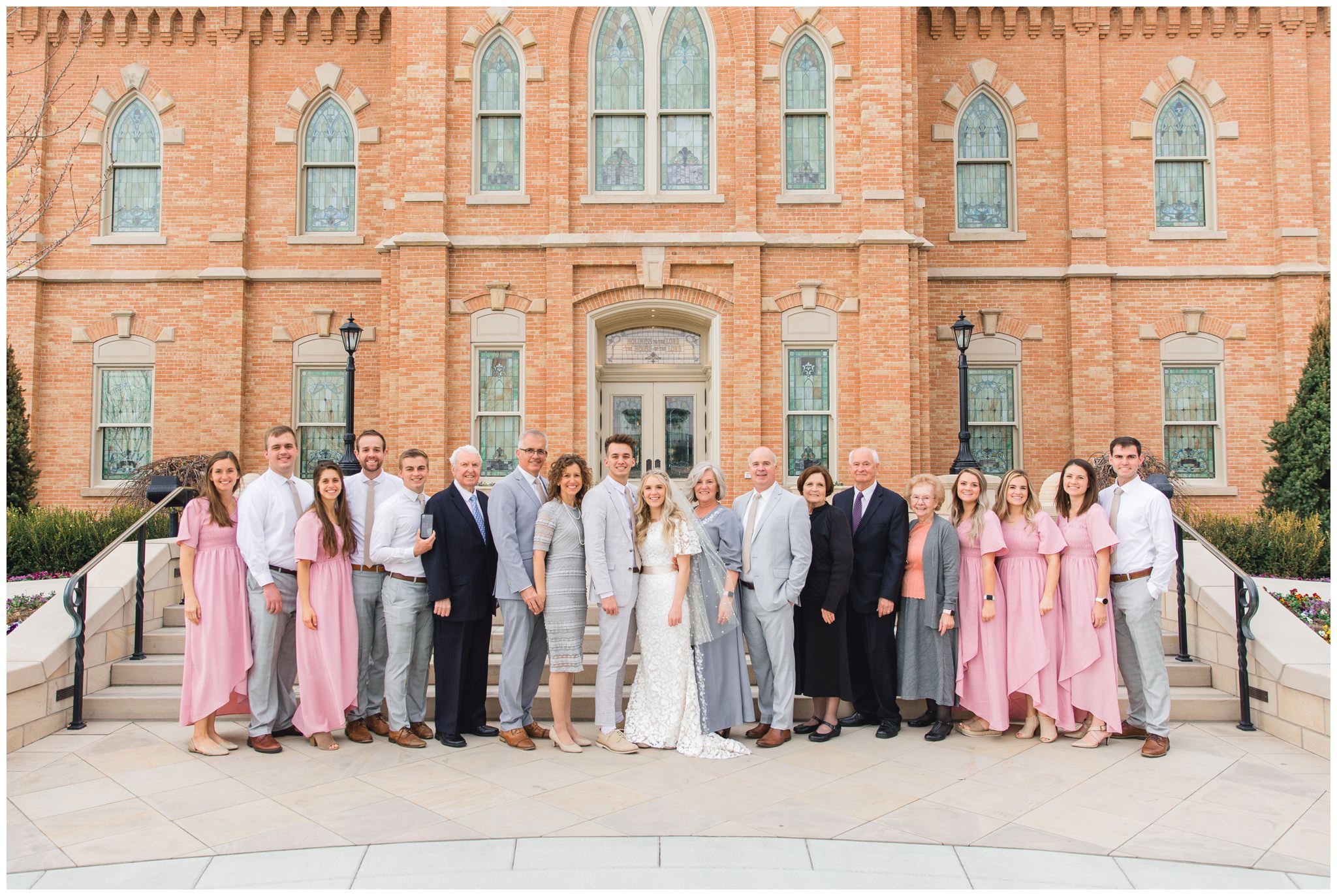 Wedding group pictures in front of the Provo City Center Temple