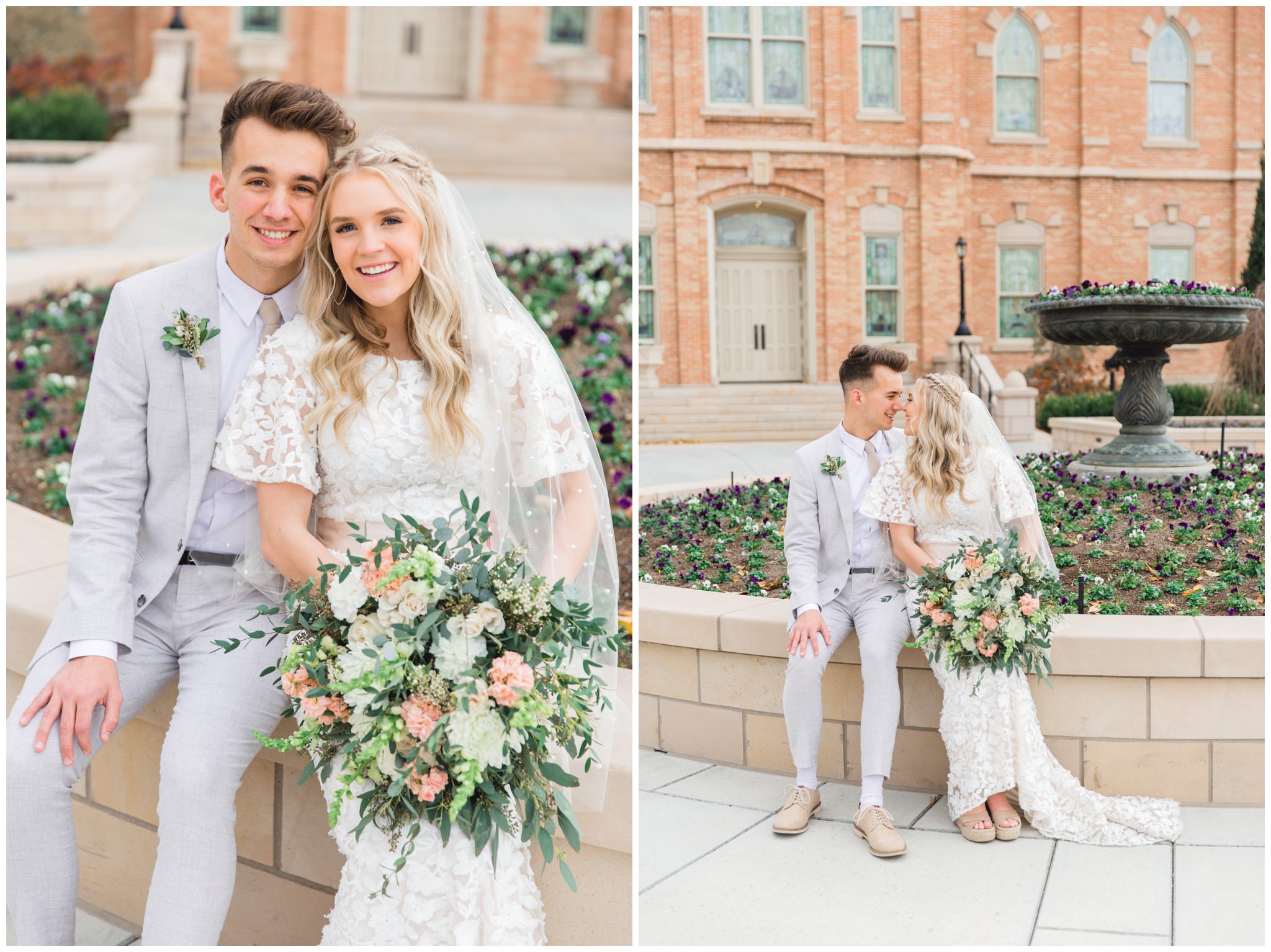 Bride and Groom near a bed of flowers at the Provo City Center Temple in Utah