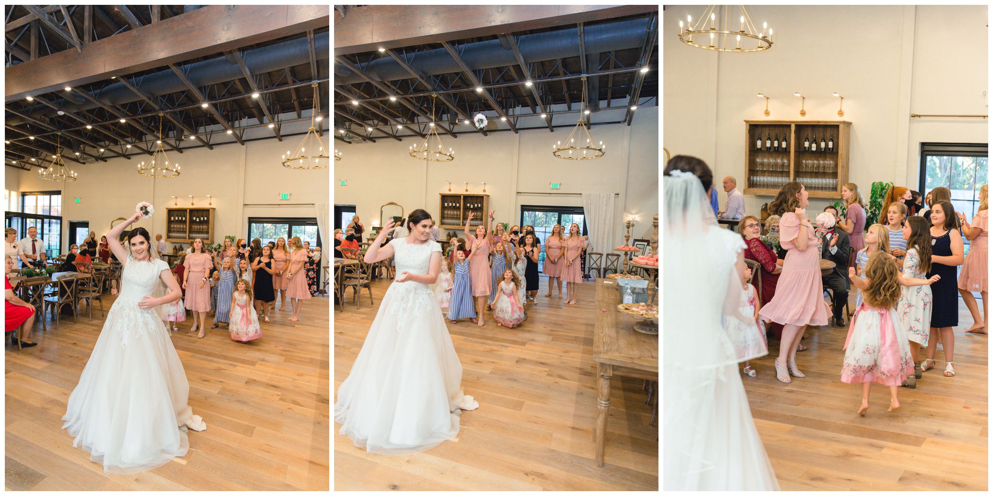 Bride tossing wedding bouquet in the Wild Oak Wedding Venue in Lindon, Utah.
