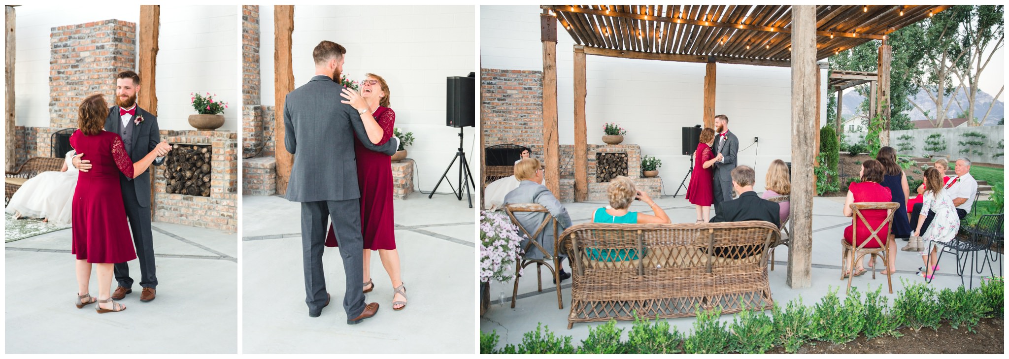 Groom dancing with his mother(mom) at her wedding reception outside of the Wild Oak Wedding Venue in Lindon, Utah