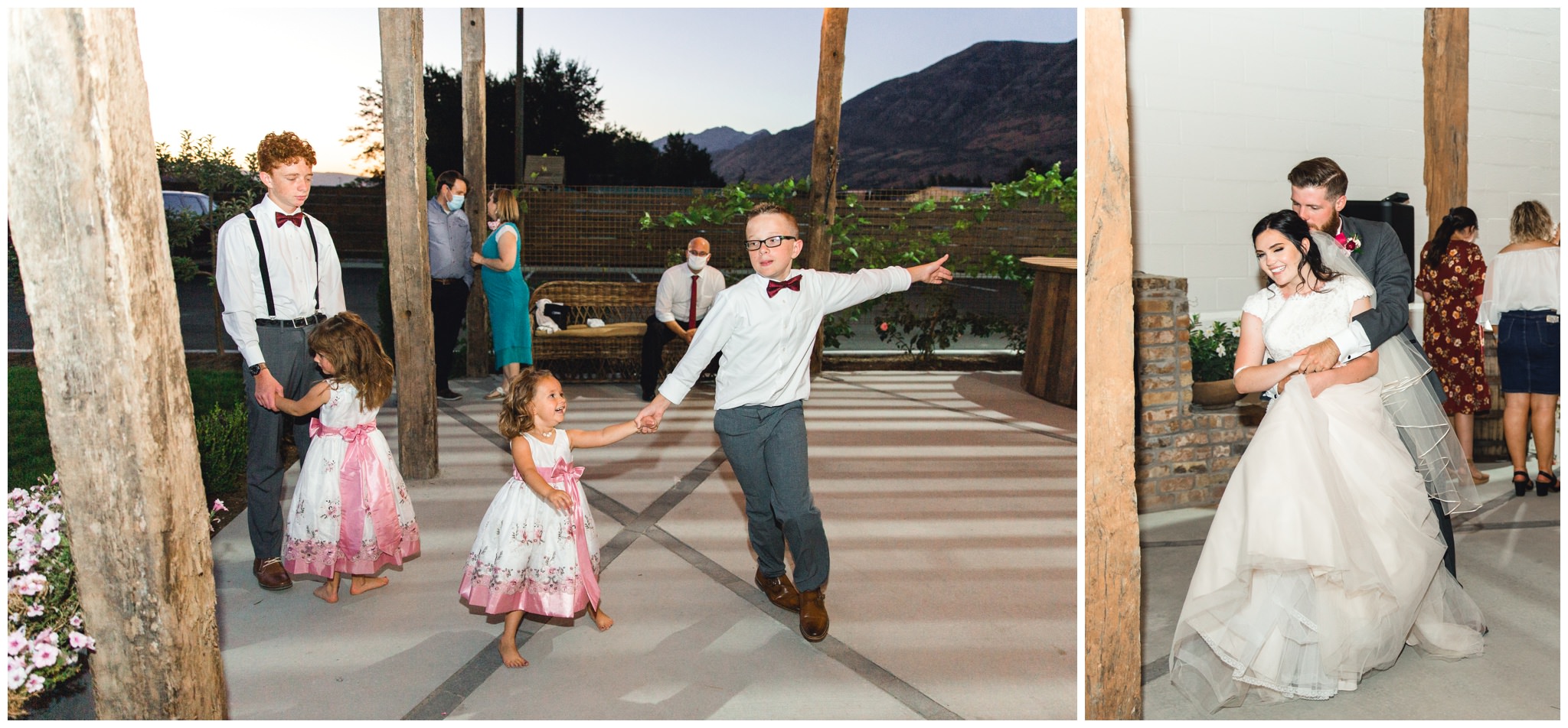 Wedding guests dancing at the wild oak wedding venue outside in Lindon, Utah