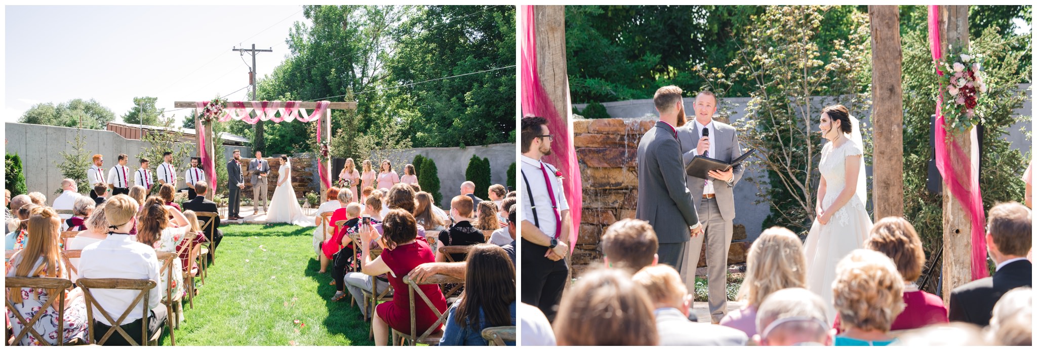 Summer wedding with burgundy and pink arch in  Lindon utah