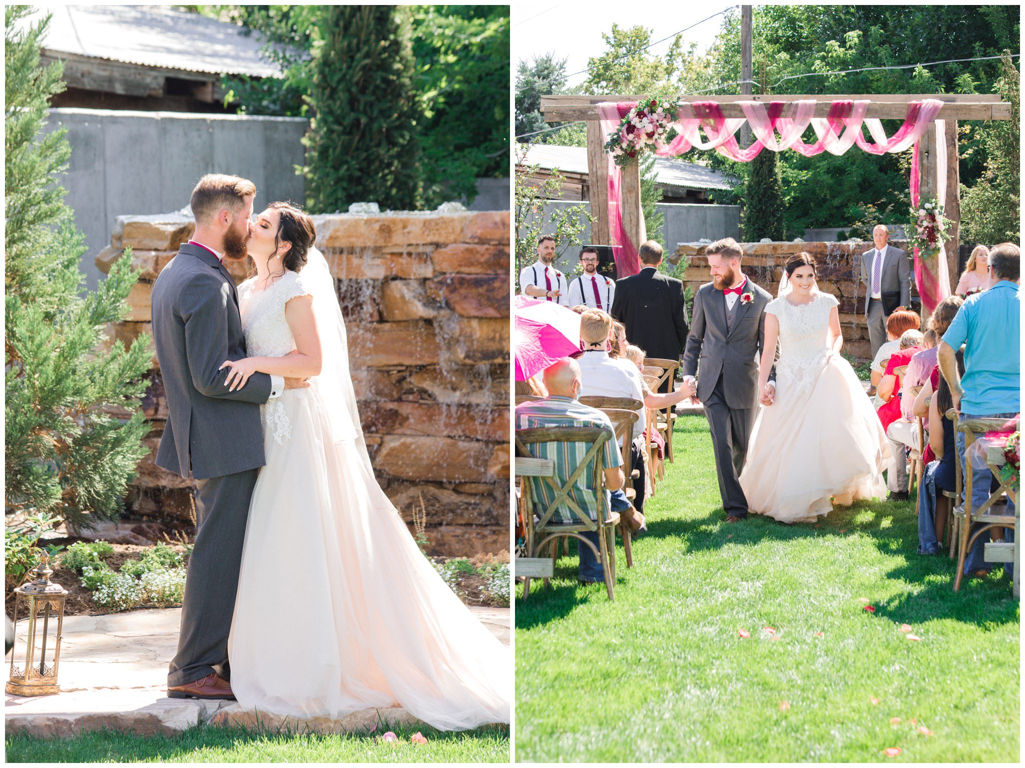 Bride and groom sharing first kiss on their wedding day at their summer wedding in northern utah