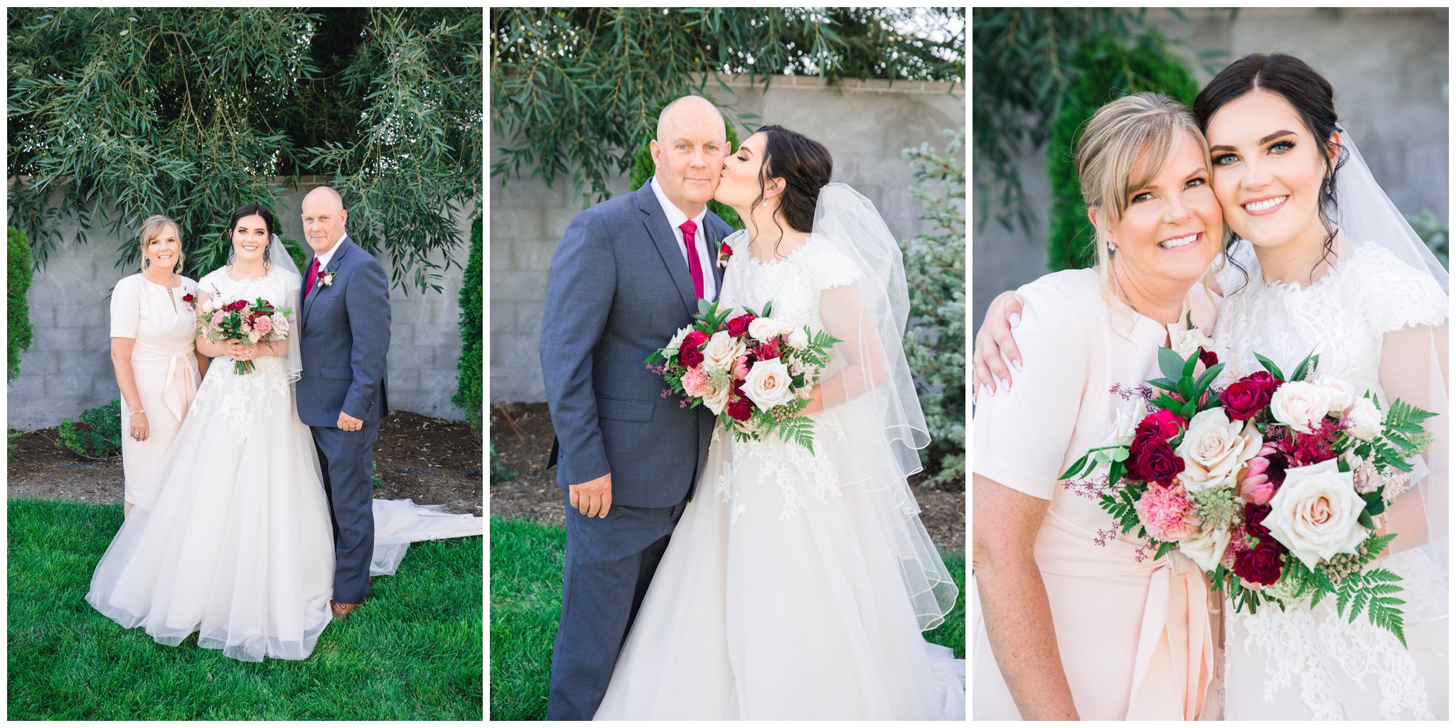 Bride and family pictures in the summer outside at the wild oak wedding venue in Lindon utah