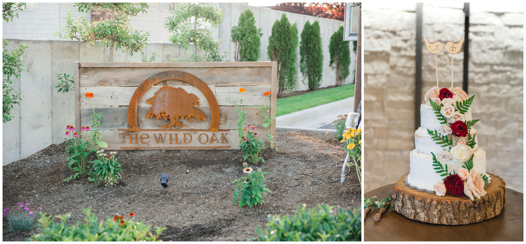 Wild oak wedding venue sign and a wedding cake inside the actual venue