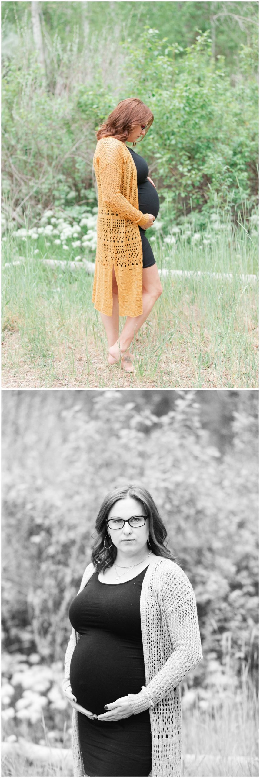 Summer Maternity Picture in Boise Idaho near the Foothills by the Military Reserve. Black and yellow maternity dress on pregnant woman.