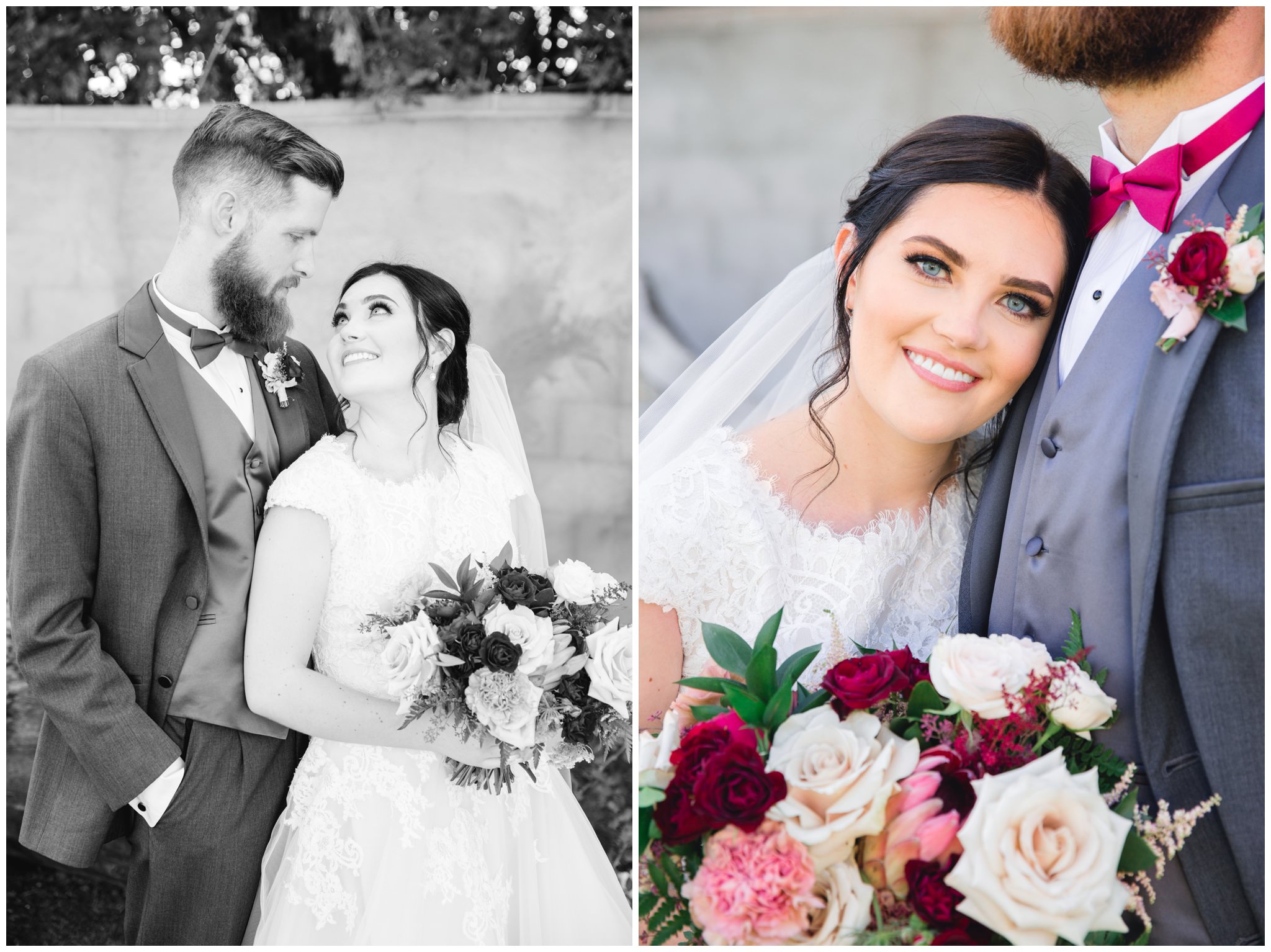 Bride and groom smiling at each other in their wedding pictures in Southern utah