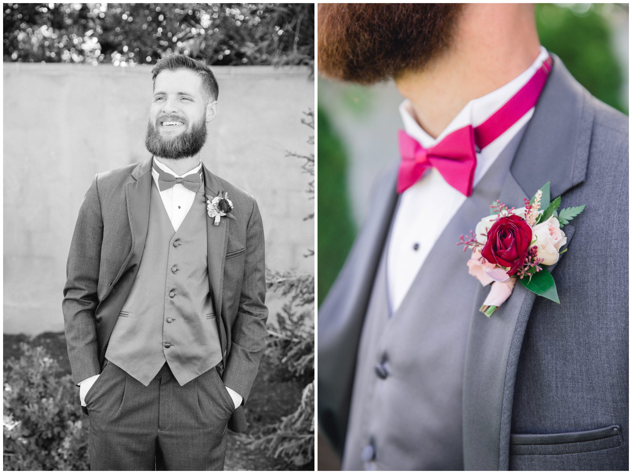 Groom pictures at detail images of his burgundy boutonniere by florist at the Wild Oak wedding Venue.