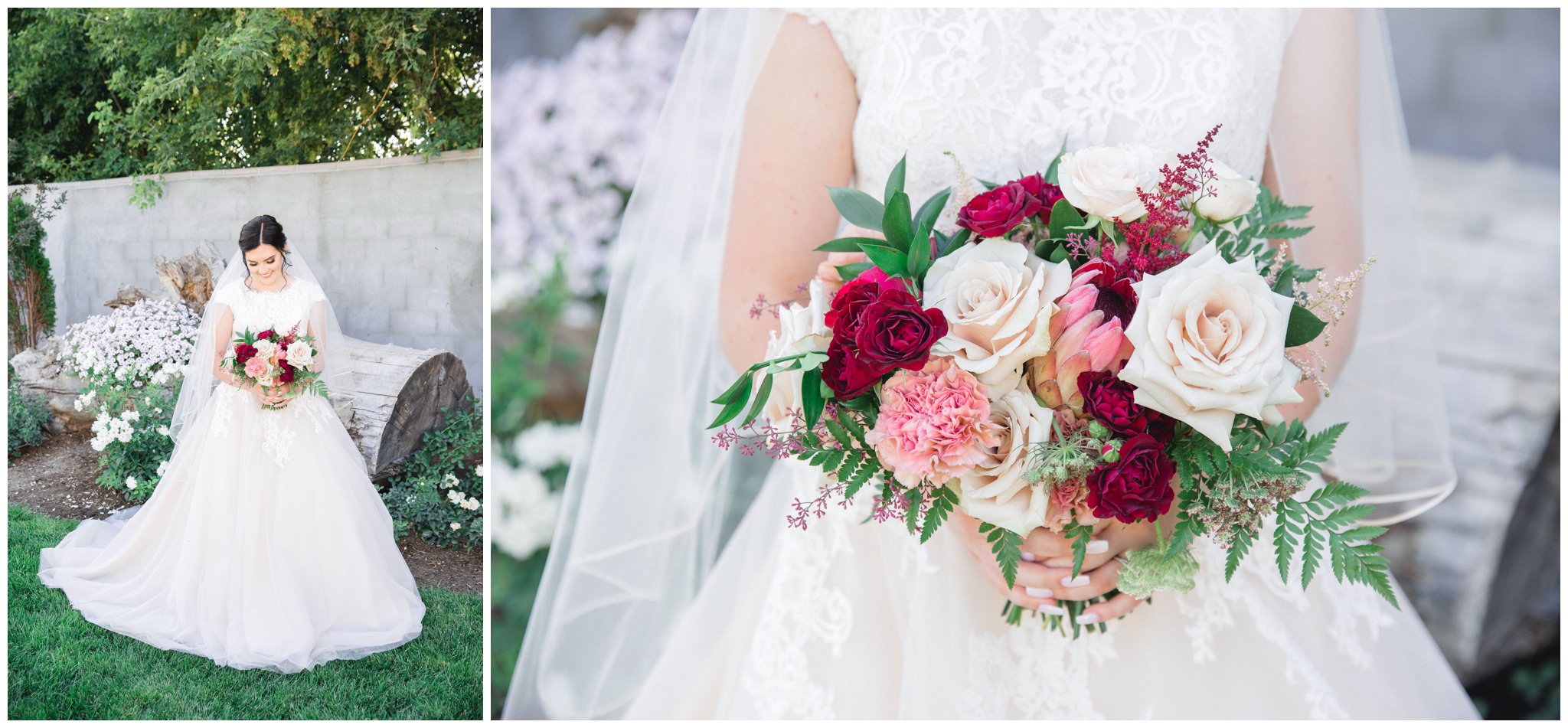 Bride holding her wedding bouquet for pictures whiling smiling. Detail shot of burgundy wedding bouquet made by florists from the wild oak wedding venue.