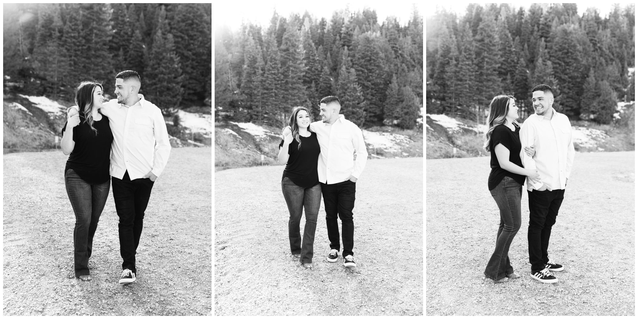 Black and white pictures of a spring engagement session at tibble fork