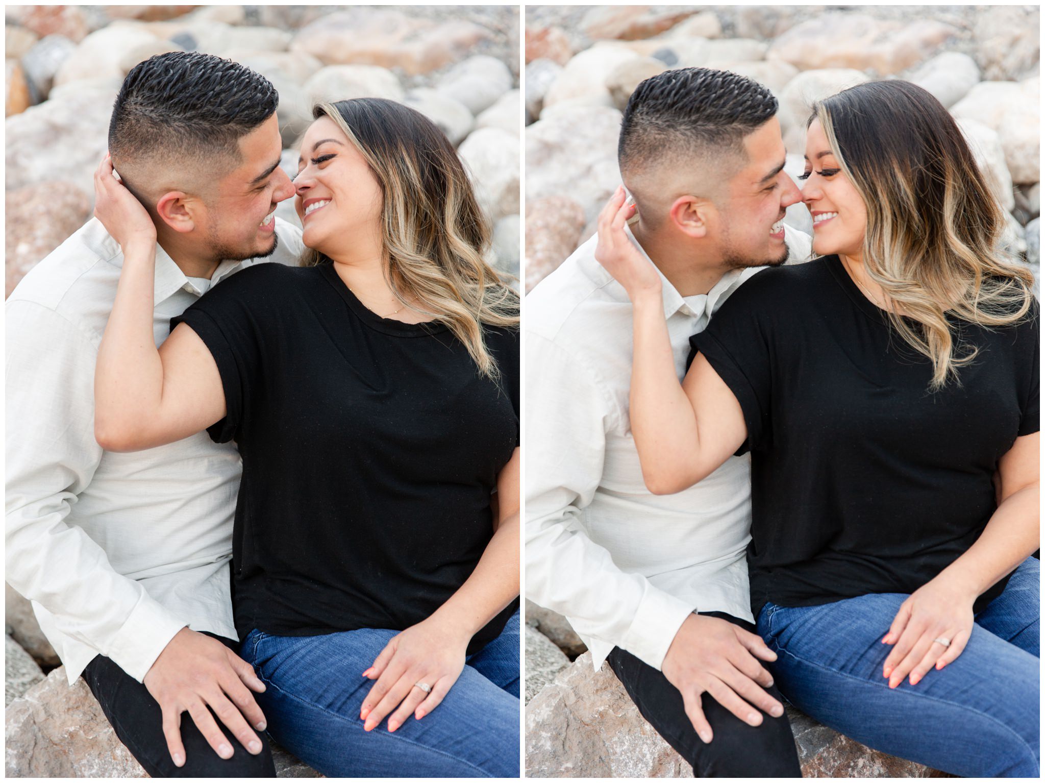 Bride and groom leaning in for a kiss during their engagement session at tibble fork