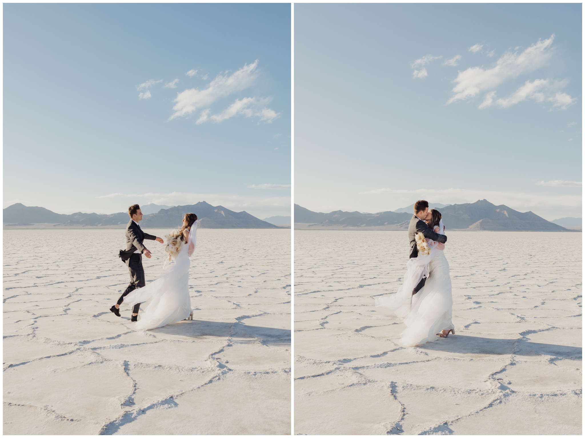 Bride and groom kissing at the bonneville Salt Flats in Utah