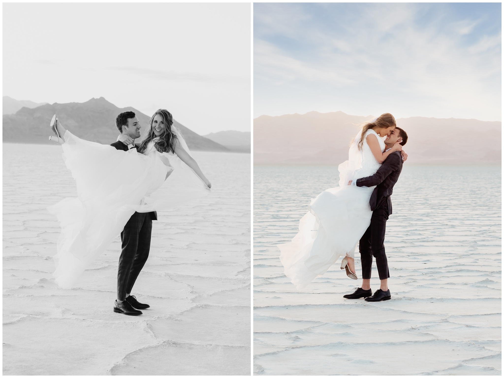 Groom swooping bride off her feet at the Salt Flats near Bonneville Utah