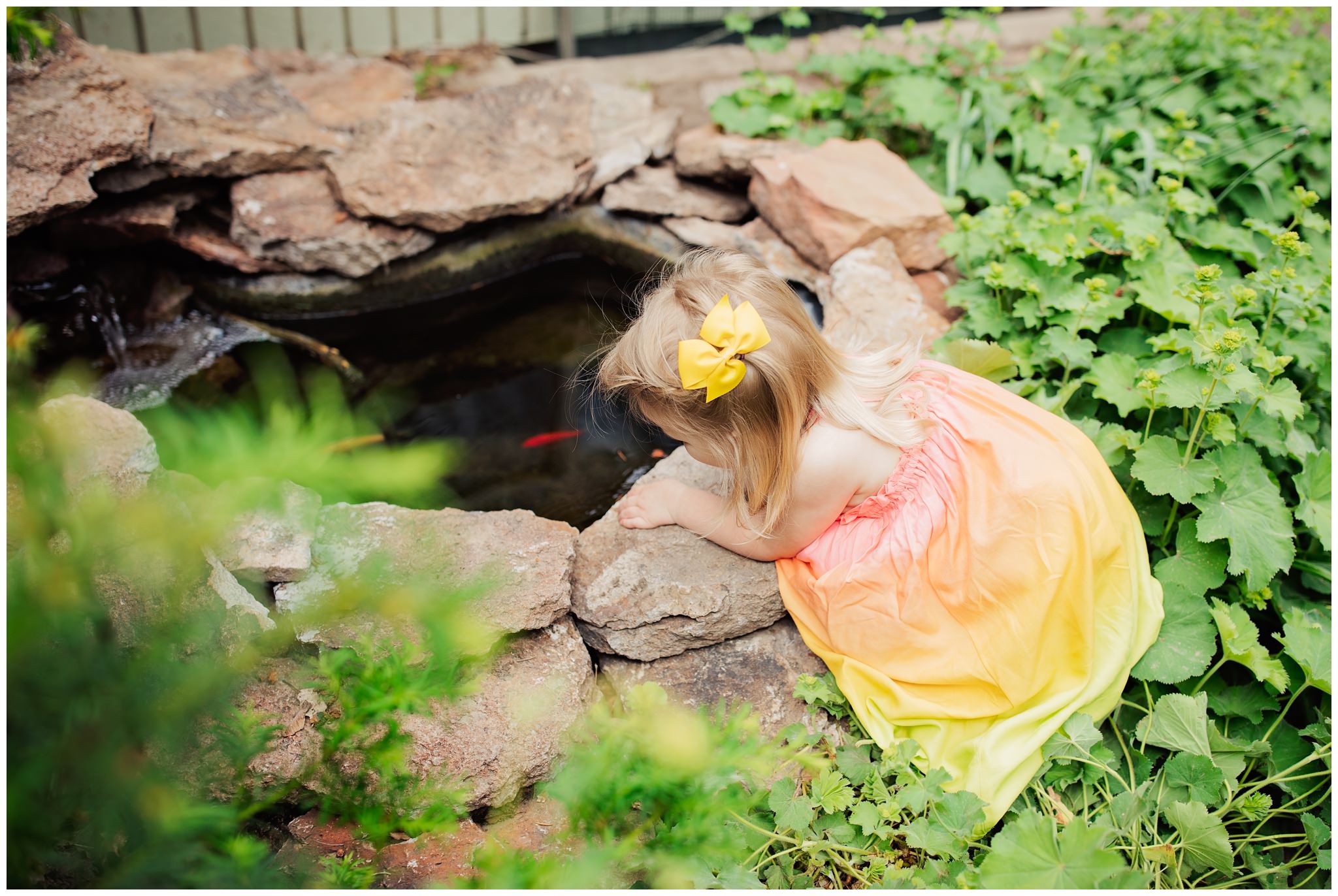 toddler girl touching fish in pond near texas tech
