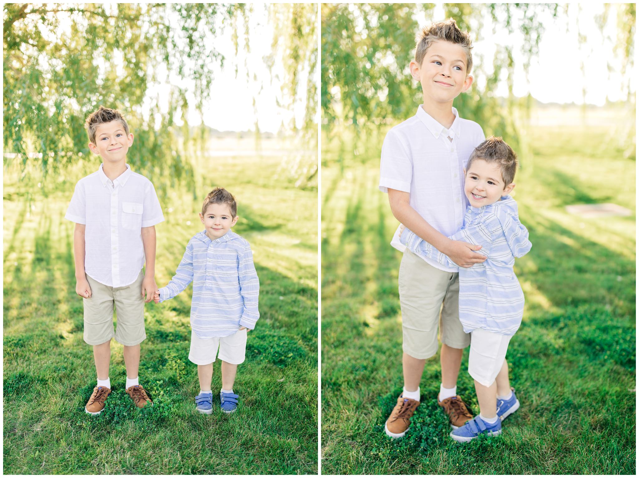 Brothers hugging each other in Lubbock Texas near a willow tree