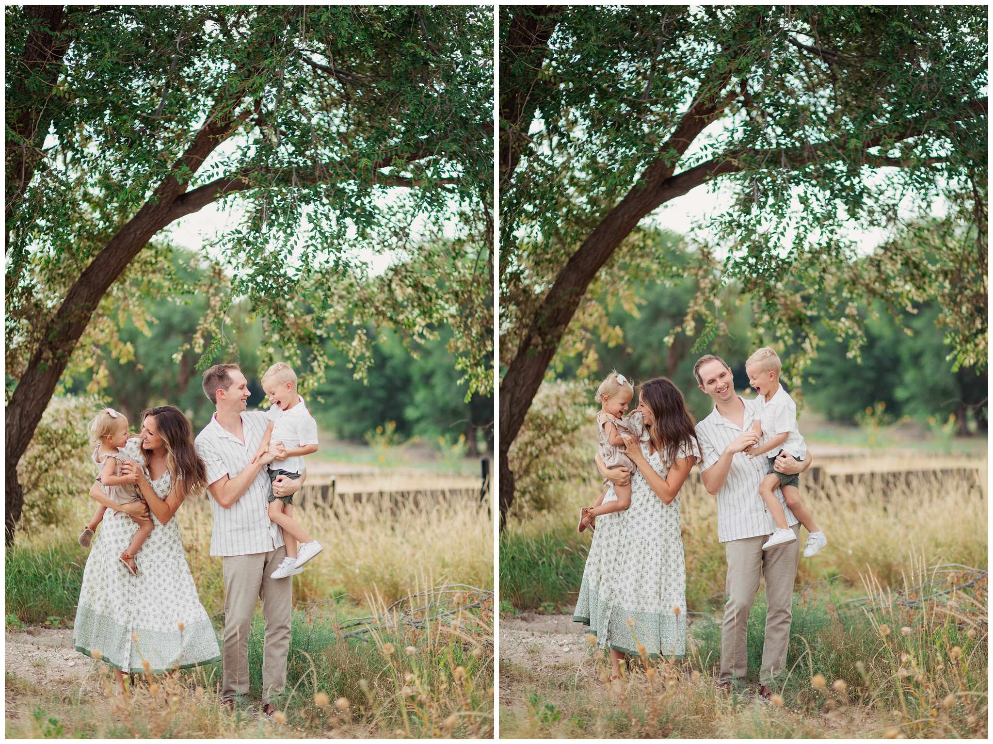 Mom and dad snuggling kids and laughing  at lubbock Lake