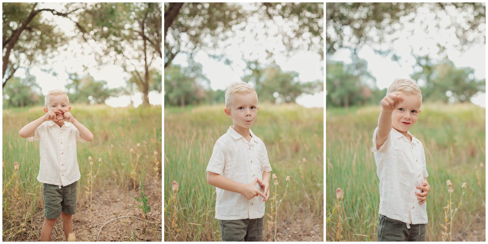 Goofy toddler boy faces as he smiles for photographer at Lubbock Lake Landmark